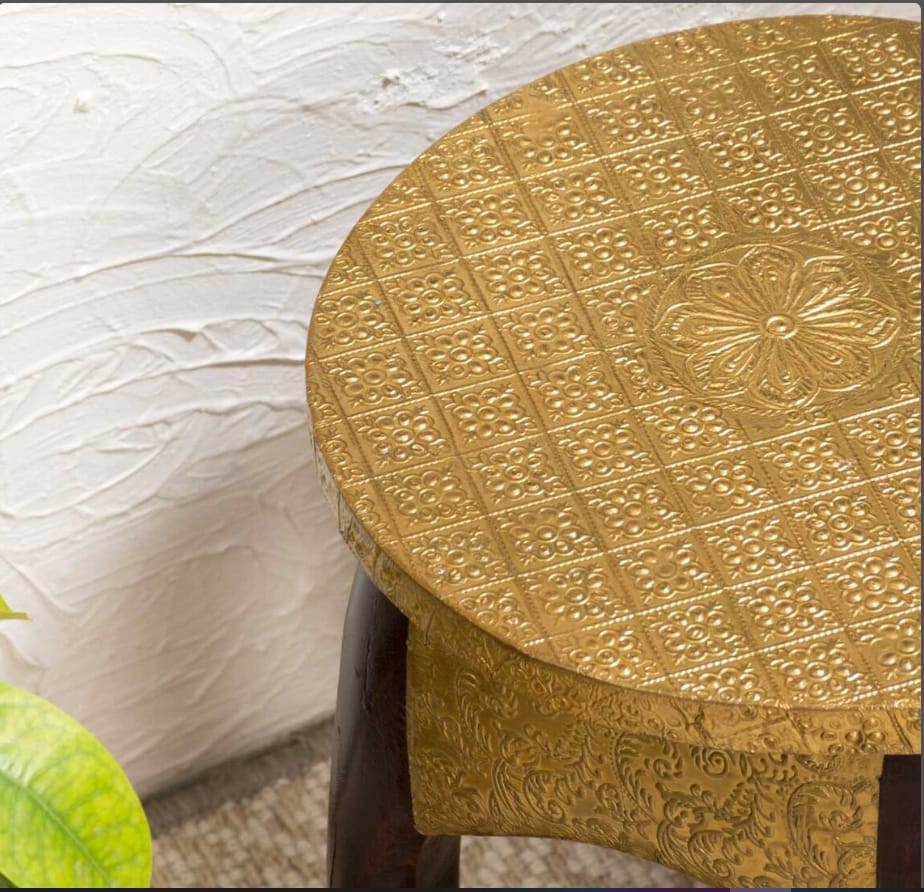 Shri Karni Handicrafts Wood Brass Decorative Rajastani Hand Polished Elephant Stool Home Decorative Items in Living Room, Bedroom | Showpiece Gifts