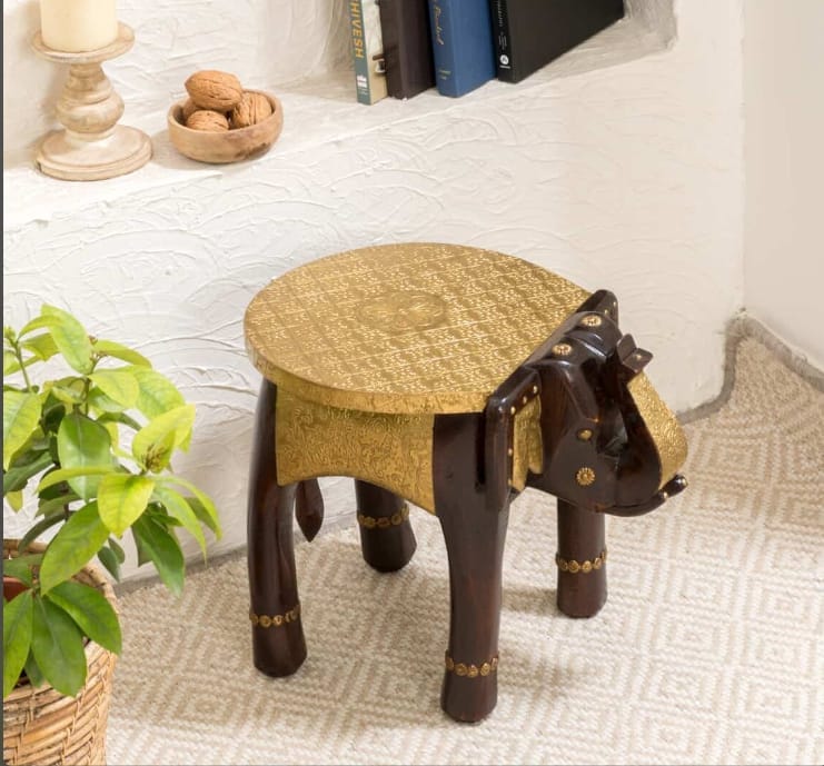 Shri Karni Handicrafts Wood Brass Decorative Rajastani Hand Polished Elephant Stool Home Decorative Items in Living Room, Bedroom | Showpiece Gifts