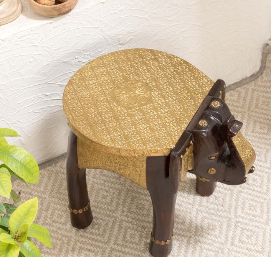 Shri Karni Handicrafts Wood Brass Decorative Rajastani Hand Polished Elephant Stool Home Decorative Items in Living Room, Bedroom | Showpiece Gifts