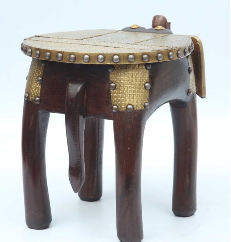 Shri Karni Handicrafts Wood Brass Decorative Rajastani Hand Polished Elephant Stool Home Decorative Items in Living Room, Bedroom | Showpiece Gifts