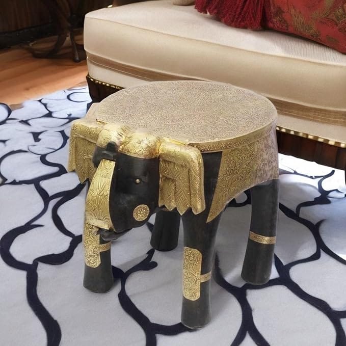 Shri Karni Handicrafts Wood Brass Decorative Rajastani Hand Polished Elephant Stool Home Decorative Items in Living Room, Bedroom | Showpiece Gifts