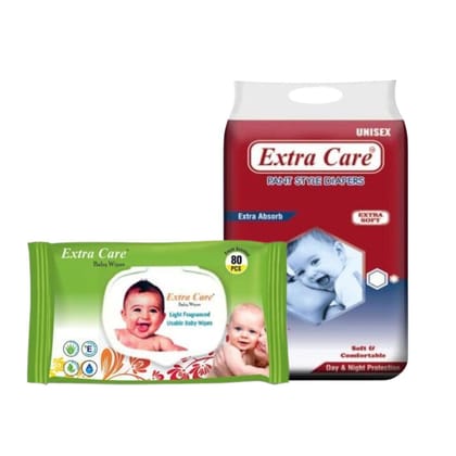 Alizee Extra Care Natural Baby Green Wipes with Lid 80 piece + Extra Absorb Pants Style Baby Diapers (50 Counts) | Combo of Diaper & Baby Wipes