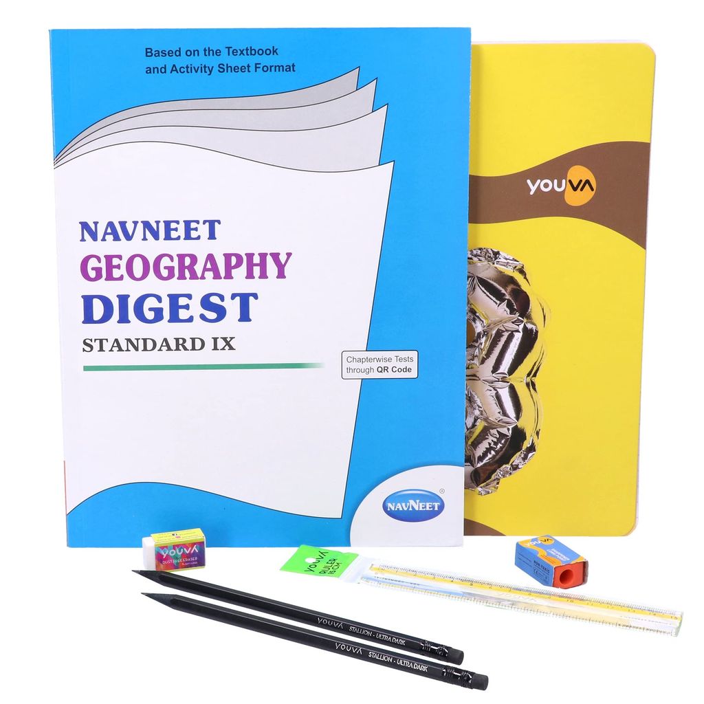 Navneet Youva Happiness Combo Geography Study Kit 2 (1 Digest + 3 Subject Book + 2 Pencils + Sharpner + Eraser + Scale), (23909) - Stationery | Buy online on ZillyBuy