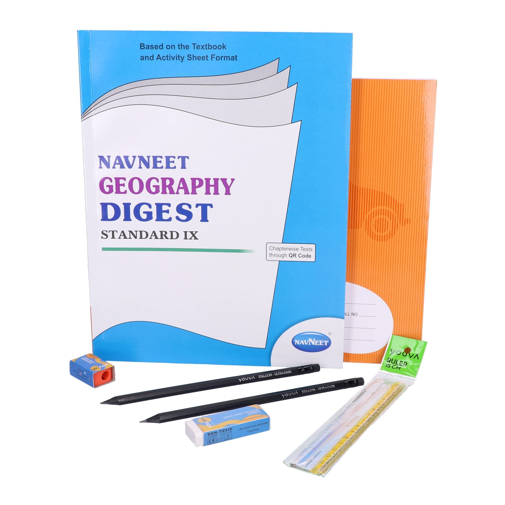 Navneet Youva Happiness Combo Geography Study Kit 1 (1 Digest + 1 Notebook + 2 Pencils + 1 Sharpener + 1 Eraser + Scale), Multi Colour (23893)