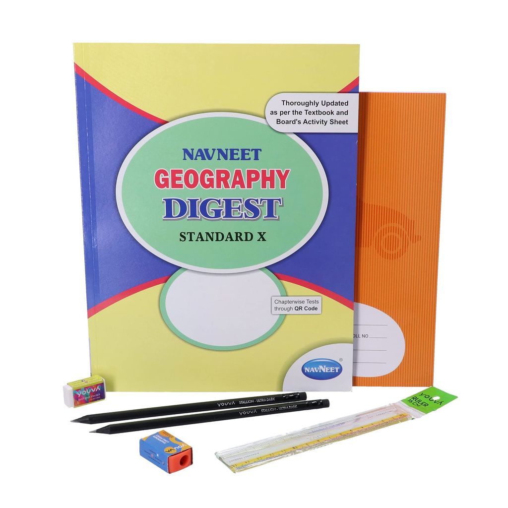 Navneet Youva | Std 10 Geography Digest Study Kit 1 | Happiness Combo (1 Digest + 1 Notebook + 2 Pencils +1 Sharpener + 1 Eraser + 1 Scale), Multi Color, (23894) - Stationery | Buy online on ZillyBuy