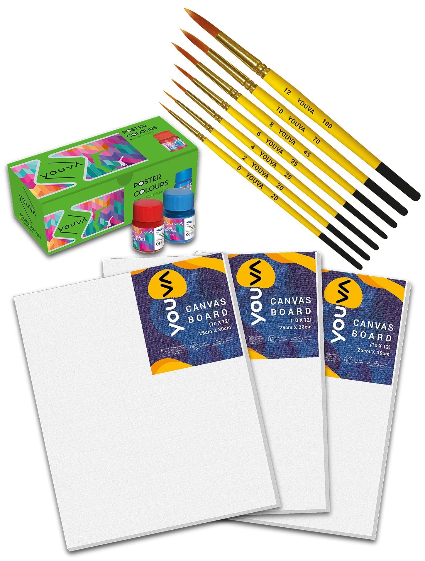 Navneet Youva Canvas Painting Kit with 3 Canvas Boards of 10 X 12 Inch, 7 Mix Brushes and Poster Colours Pack of 8, White (35273)