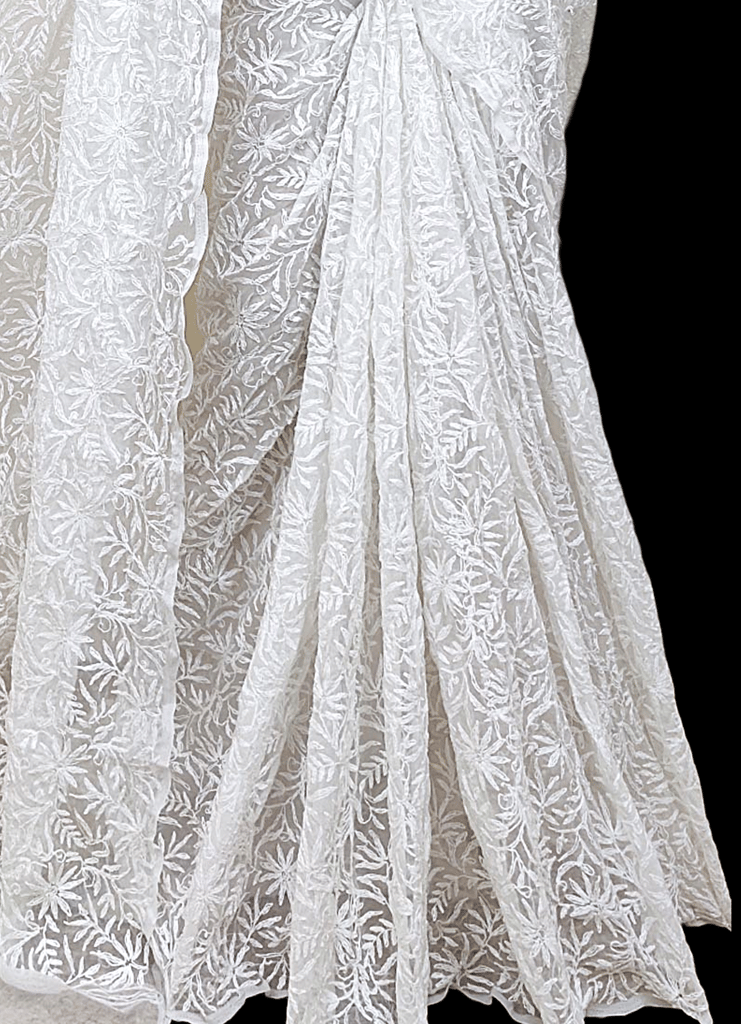 White Colour | Chikankari | Georgette | Saree With Blouse | Saree Comes with a Running Blouse Piece