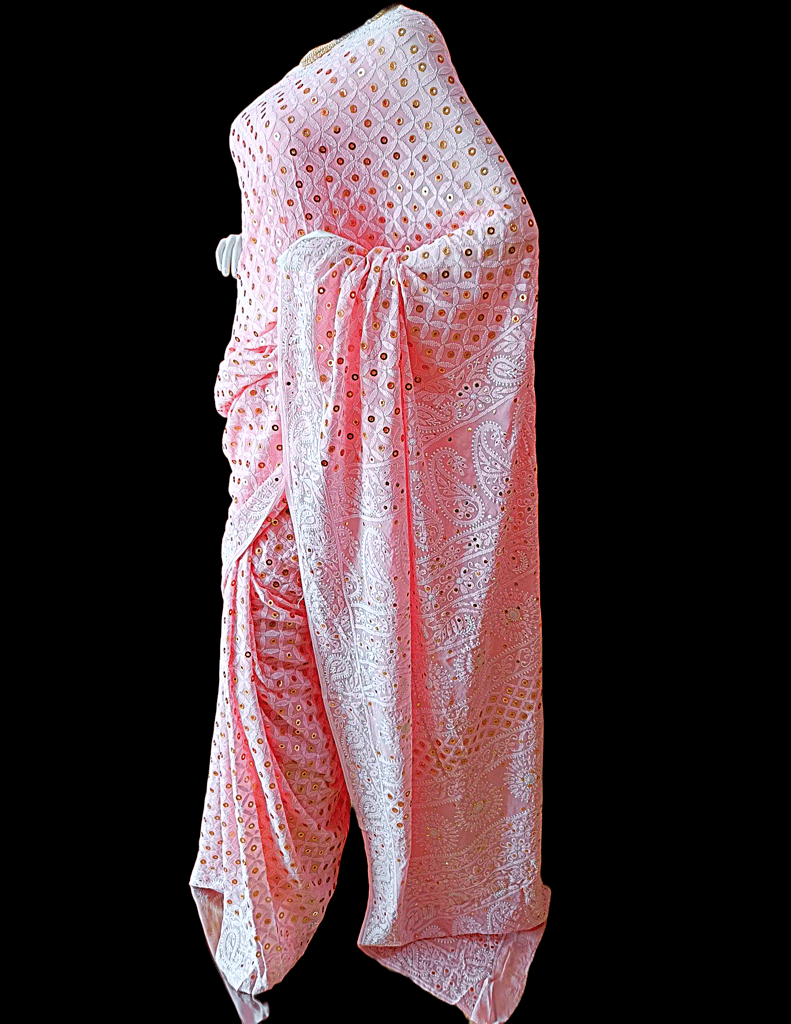 Roze Pink | Mirror Chikankari Work | Georgette | Saree