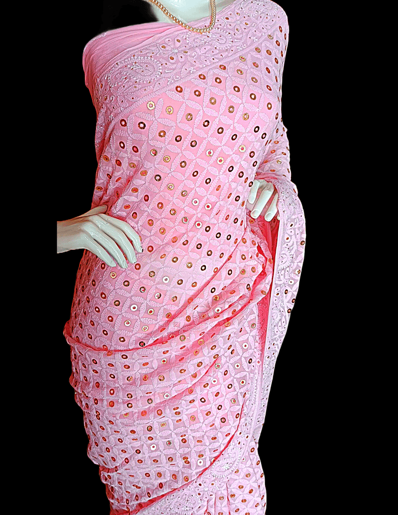 Roze Pink | Mirror Chikankari Work | Georgette | Saree