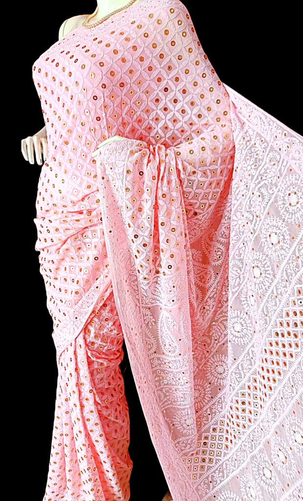 Roze Pink | Mirror Chikankari Work | Georgette | Saree