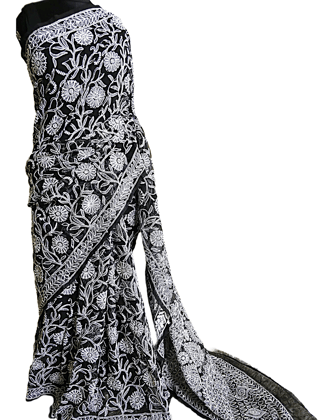 Chikankari Work | Black and White | Georgette | Saree With Blouse | Saree Comes with a Running Blouse Piece