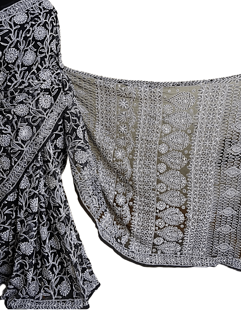 Chikankari Work | Black and White | Georgette | Saree With Blouse | Saree Comes with a Running Blouse Piece