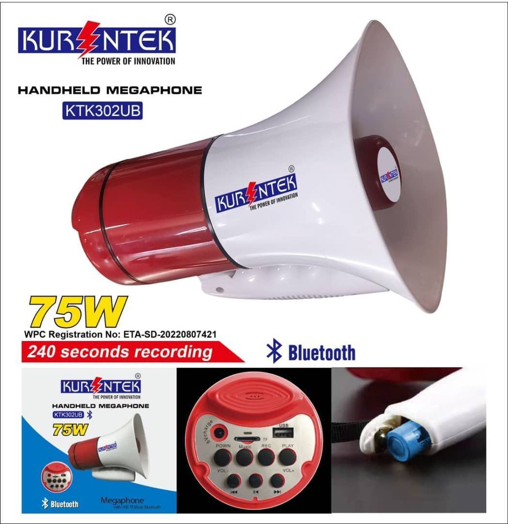 Large Handheld Megaphone with Bluetooth, 700 Meter Loud Audible Range, Loud Speaker, Recorder, USB & Memory Card Input, Music, Siren, etc with Charger, Charging Cable & 2000 mAh Li-ion Rechargeable Battery - Microphone | Buy online on ZillyBuy