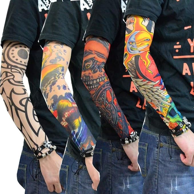 CHINTELS Arm Tattoos Sleeve For Men & Women Sun UV Cool Protection-Stretchable Nylon Arm Warmer (Multicolor) Pack of 4