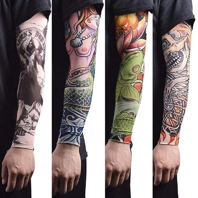 CHINTELS Arm Tattoos Sleeve For Men & Women Sun UV Cool Protection-Stretchable Nylon Arm Warmer (Multicolor) Pack of 4