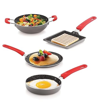 ECHT Granite Mini Series Non Stick Combo of 4 (13cm Sqaure Grill Pan,15.5 cm Frying Pan,20cm Dosa Tawa and 16.5 cm Kadai, Idle for Saute,Frying,dosa and rotis vegies and Omelettes, Grey