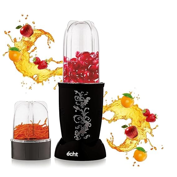 Echt NB4s Nutri Blender Grinder: 450W Power, 2 Multi-Purpose Jars for Juices, Smoothies, Shakes, Chutneys, Dry Masala; Long Jar (500ml) & Short Jar (300ml), Push Button Operation, 2-Year Warranty, Black Print - 6 Piece Set