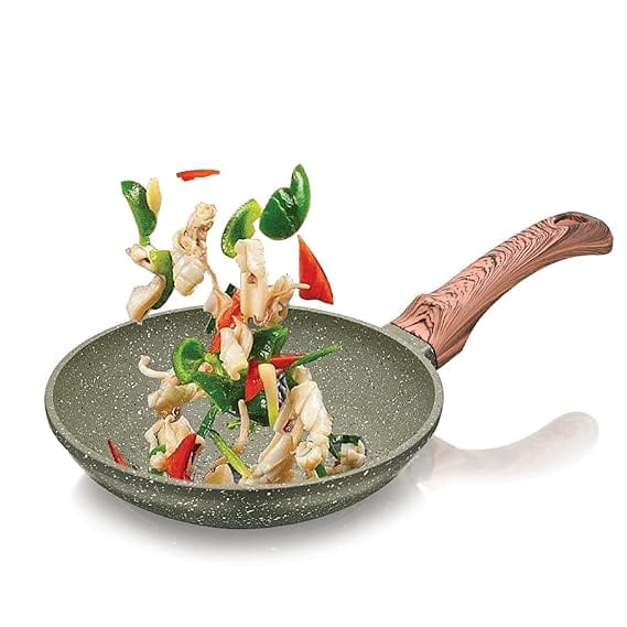 Echt Die Cast Aluminum Non Stick Frying Pan(20 cm), Granite Finish,Wooden Finish Soft Touch Handle, idle to sauté vegies and Fry Omelette, PFOA Free, Tapper Fry Pan with 1 Year Warranty(Green)