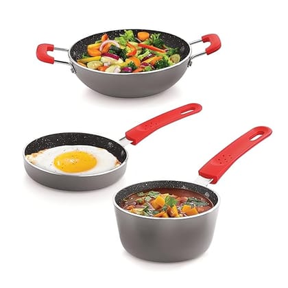 ECHT Granite Mini Series Non Stick Combo of 3 (15.5 cm Frying Pan,13cm Sauce pan and 16.5 cm Kadai, Idle for Single Serving and Quick Snacks. Saute,Frying, rotis vegies and Omelettes, Grey