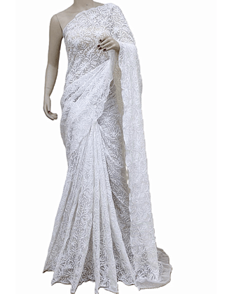 White Colour | Chikankari | Georgette | Saree With Blouse | Saree Comes with a Running Blouse Piece