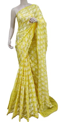 Yellow | Mirror Chikankari Work | Georgette | Saree With Blouse | Saree Comes with a Running Blouse Piece
