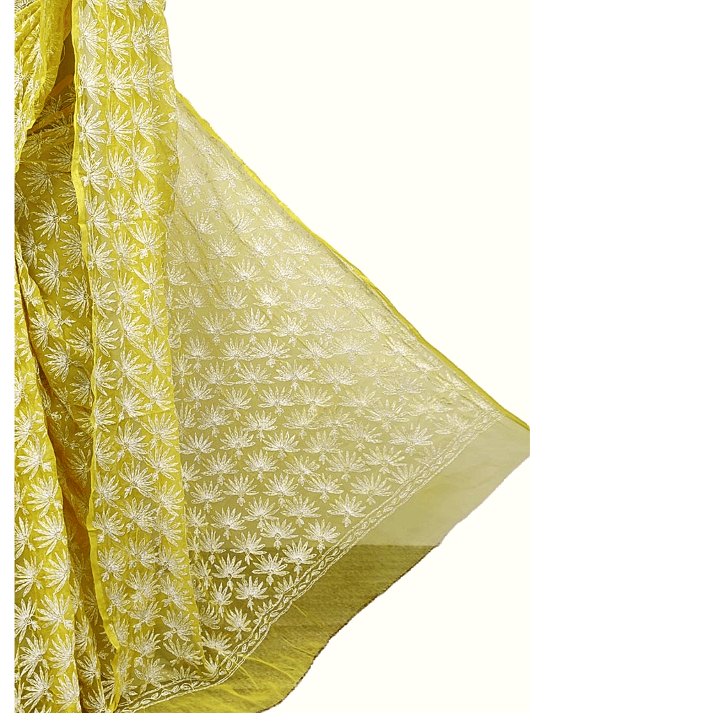 Yellow | Mirror Chikankari Work | Georgette | Saree With Blouse | Saree Comes with a Running Blouse Piece