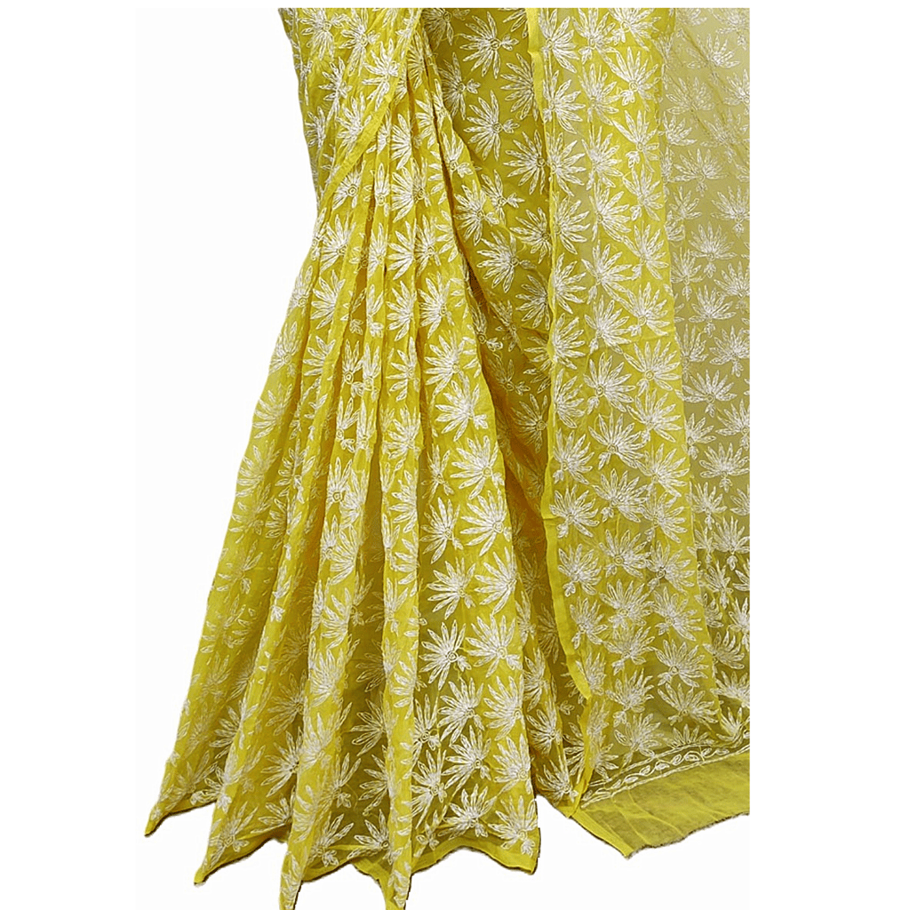 Yellow | Mirror Chikankari Work | Georgette | Saree With Blouse | Saree Comes with a Running Blouse Piece