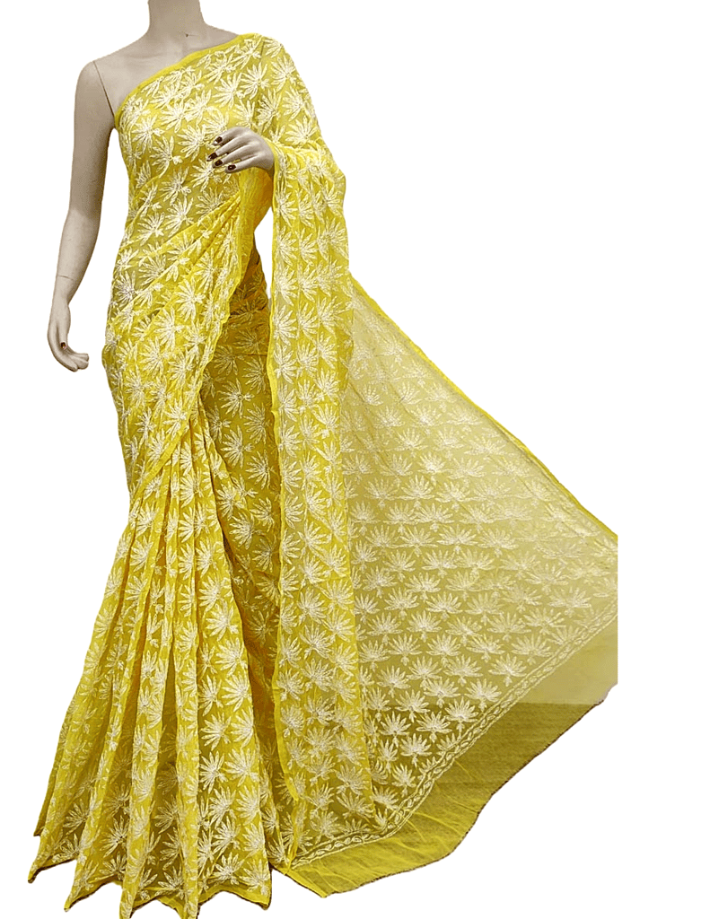 Yellow | Mirror Chikankari Work | Georgette | Saree With Blouse | Saree Comes with a Running Blouse Piece