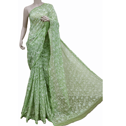 Green Colour | Chikankari | Georgette | Saree With Blouse | Saree Comes with a Running Blouse Piece