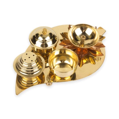 Brass Pooja Thali | Leaf-Shape Brass Pooja Thali Set Combo with Agarbatti Holder, Aarti diya, Roli Holde