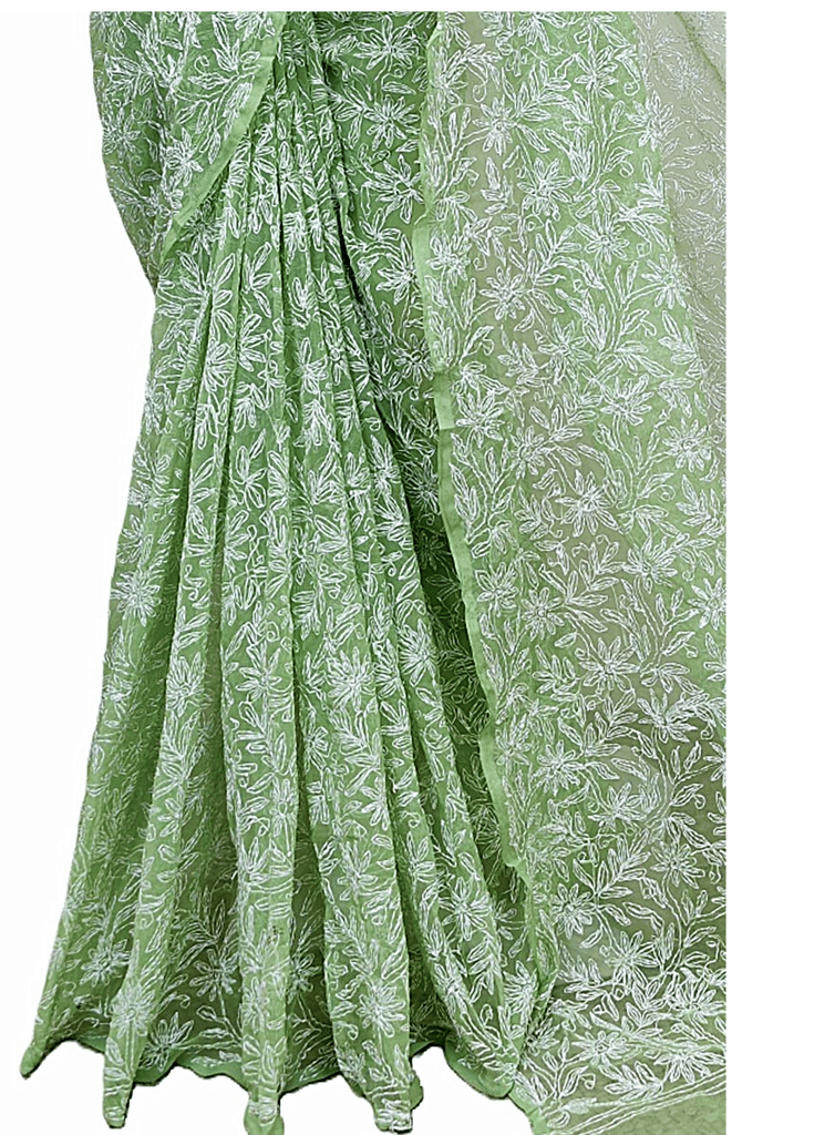 Green Colour | Chikankari | Georgette | Saree With Blouse | Saree Comes with a Running Blouse Piece