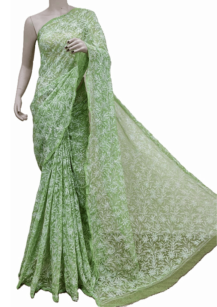 Green Colour | Chikankari | Georgette | Saree With Blouse | Saree Comes with a Running Blouse Piece