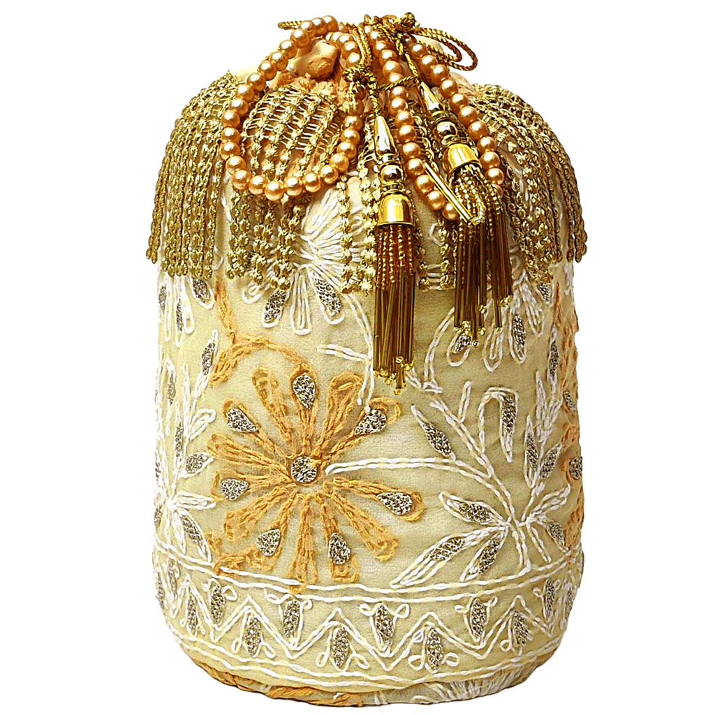 Cream Color Women Hand Embroidered Chikankari Potli Bag