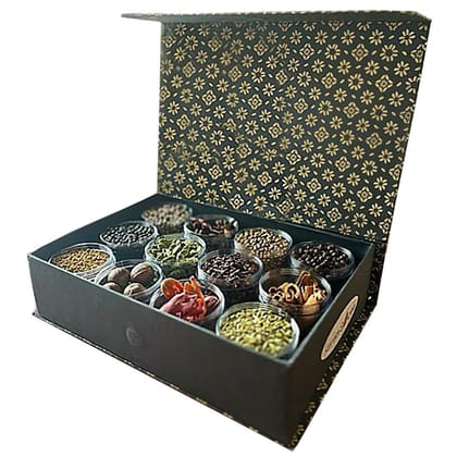 Kerala Spices Masala Box For Kitchen Spice Box Container 12 in 1 Masala Dabba Presented in an eco-friendly box and twelve sleek acrylic glass bottles