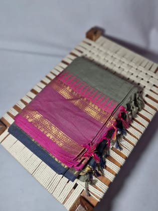 NVBCD005-Ash color with Double Color Pink & Blue  Bordered with Temple Design Bengal Cotton Saree
