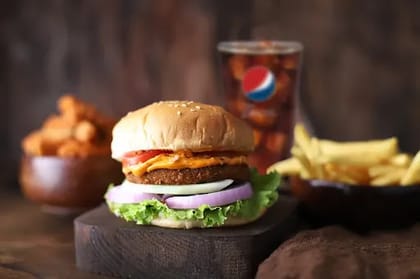 Chicken Burger Meal __ Burger + Crispy Fries,Spiced Chicken Fingers 100gms,Pepsi
