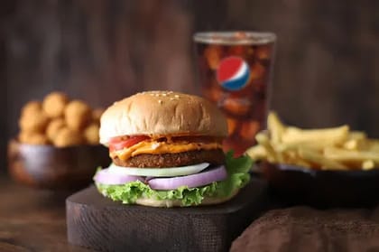 Mexican Fried Chicken Burger Meal __ Burger + Crispy Fries,Chicken Popcorn 100gms,Pepsi