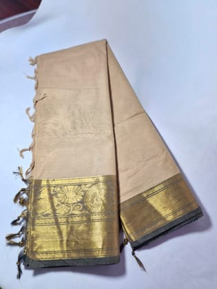 NVMSD004-Creamy Color Muga Silk saree with Mango Design Golden Zari Border