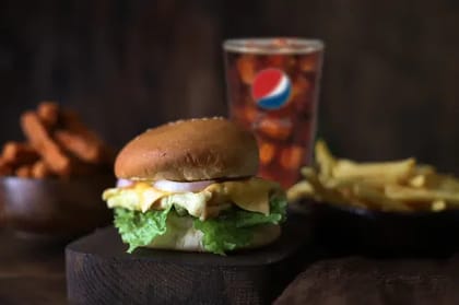 Egg And Cheese Burger Meal __ Burger + Crispy Fries,Veg Fingers 5pcs,Pepsi