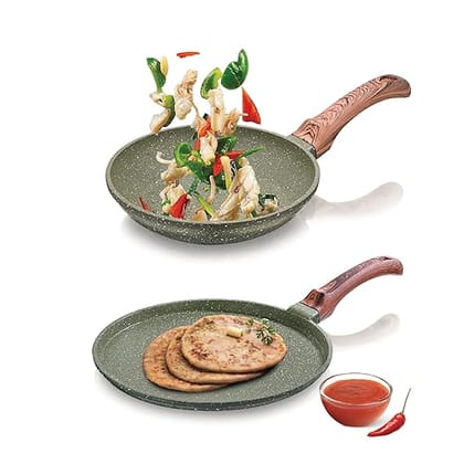 ECHT Die Cast Aluminium Non Stick Combo Set of 2 (20 cm Frying Pan and 28cm Dosa Tawa), Granite Finish, Soft Touch Handle, Idle for sauté,Frying,dosa and rotis vegies and Omelettes,Green