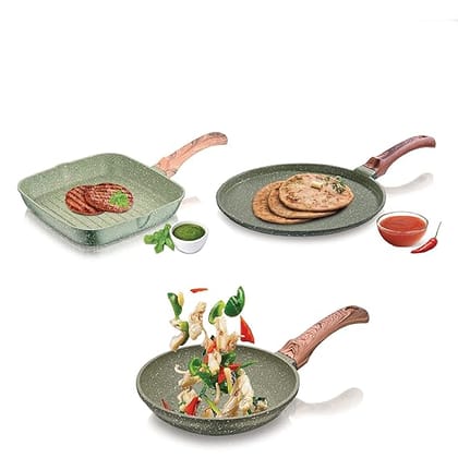 ECHT Die Cast Aluminium Non Stick Combo Set of 3 (24cm Square Grill Pan,24 cm Frying Pan and 28cm Dosa Tawa),Soft Touch Handle, idle for sauté,Frying,dosa and rotis vegies and Omelettes, Green