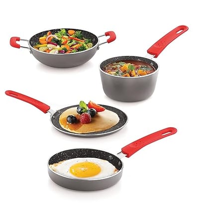 ECHT Granite Mini Series Non Stick Combo of 4 (13cmSauce Pan,15.5 cm Frying Pan,20cm Dosa Tawa and 16.5 cm Kadai, Idle for Quick Snacks, Saute,Frying,dosa and rotis vegies and Omelettes, Grey