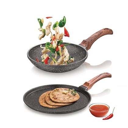 ECHT Die Cast Aluminium Non Stick Combo Set of 2 (24 cm Frying Pan and 28cm Dosa Tawa), Granite Finish, Soft Touch Handle, idle for sauté vegies and Omelettes, Frying, dosa and rotis, Grey