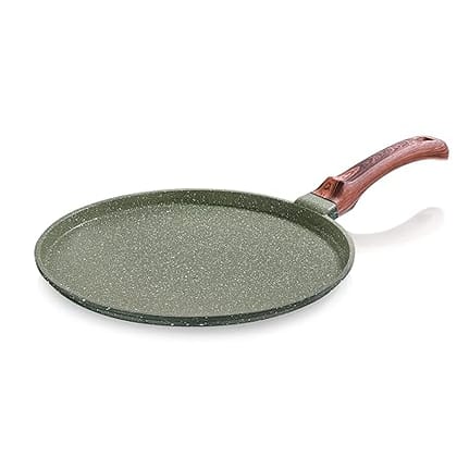 Echt Die Cast Aluminium Non Stick Dosa Tawa,Size 28 cm,Flat Roti and Chapati tawa, Granite Finish,Wooden Finish, Soft Touch Handle, PFOA Free, Idle for Indian Style Cooking,(Green)