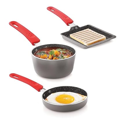 ECHT Granite Mini Series Non Stick Combo of 3 (15.5 cm Frying Pan,13cm Sauce pan and 13cm Grill pan, Idle for Single Serving and Quick Snacks. Saute,Frying and rotis vegies and Omelettes, Grey