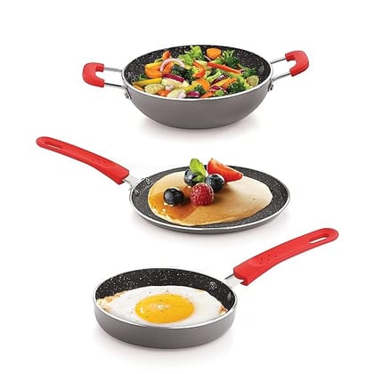 ECHT Granite Mini Series Non Stick Combo of 3 (15.5cm Frying Pan,20cm Dosa Tawa and 16.5cm Kadai) Idle for Single Serving and Quick Snacks. Saute,Frying,dosa and rotis vegies and Omelettes,Grey