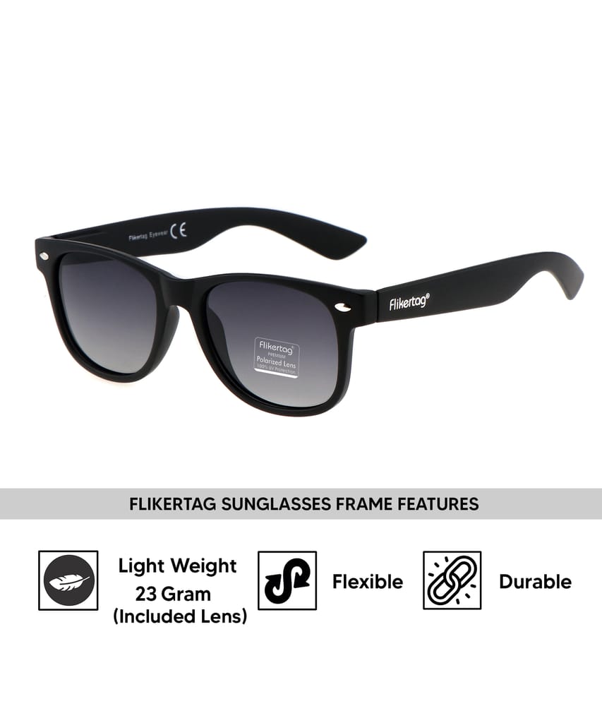 Flikertag Polarized Sunglasses With UV Protection For Men & Women | HD vision with Grey Gradient Lens [FTS 552 F1 Wayfarer Matte Black Frame with Smoke lens, 52mm]