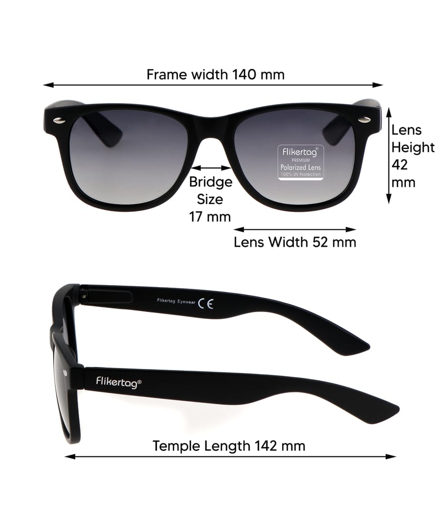 Flikertag Polarized Sunglasses With UV Protection For Men & Women | HD vision with Grey Gradient Lens [FTS 552 F1 Wayfarer Matte Black Frame with Smoke lens, 52mm]