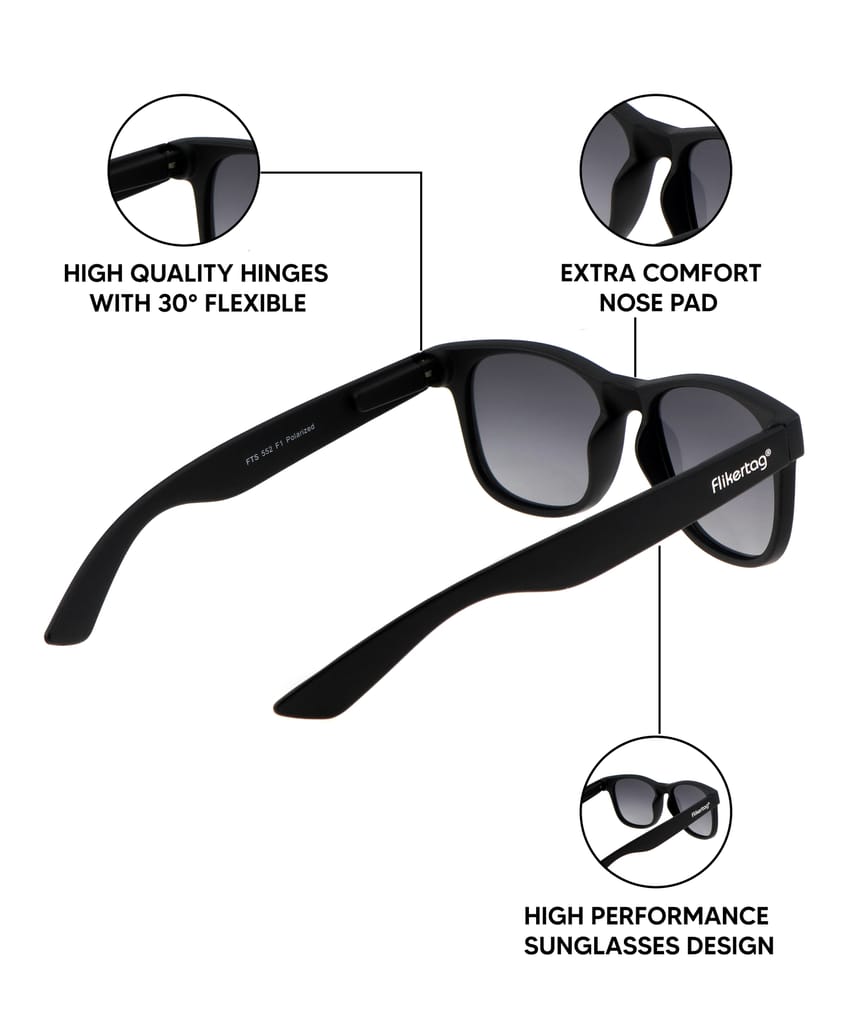 Flikertag Polarized Sunglasses With UV Protection For Men & Women | HD vision with Grey Gradient Lens [FTS 552 F1 Wayfarer Matte Black Frame with Smoke lens, 52mm]
