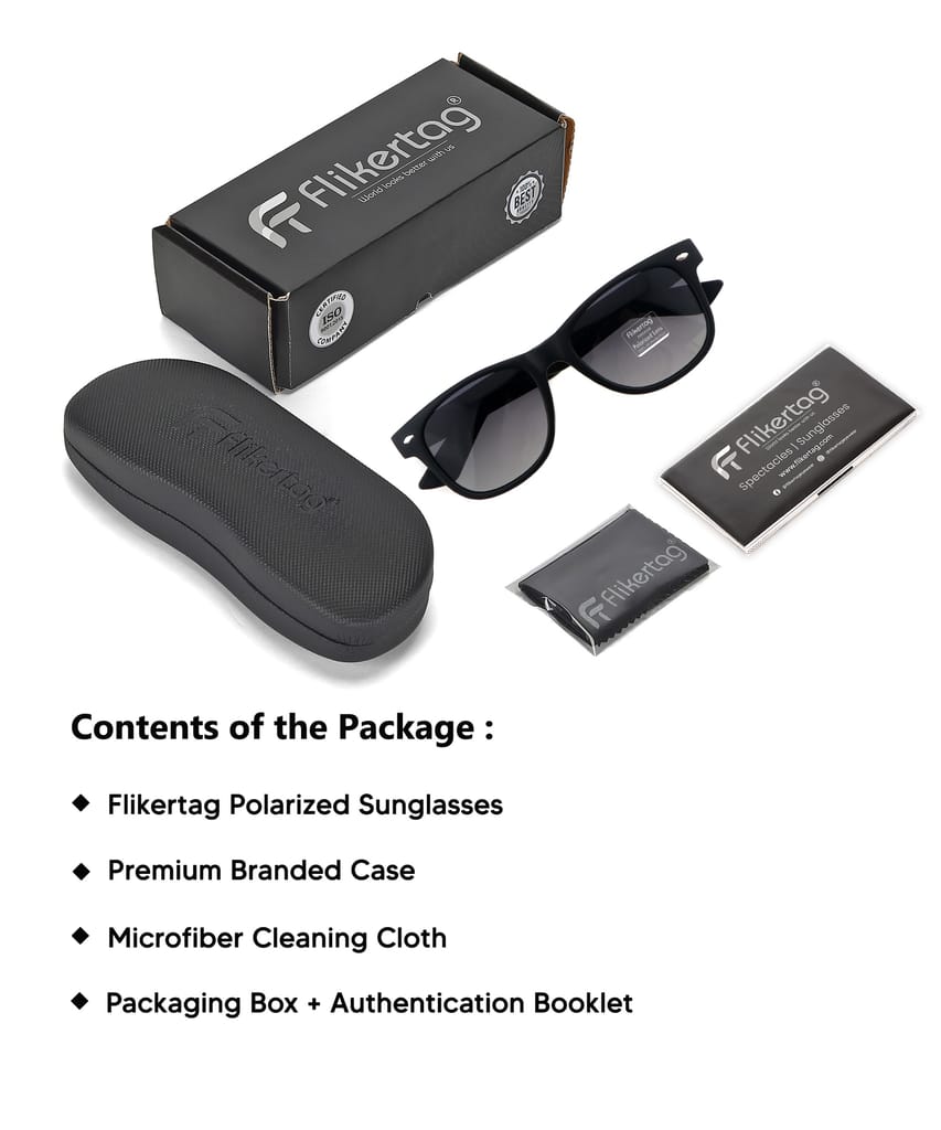 Flikertag Polarized Sunglasses With UV Protection For Men & Women | HD vision with Grey Gradient Lens [FTS 552 F1 Wayfarer Matte Black Frame with Smoke lens, 52mm]